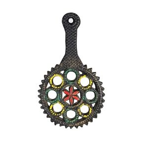 Vintage Cast Iron Trivet Rustic Star Flower Design - Black Red Yellow Green
